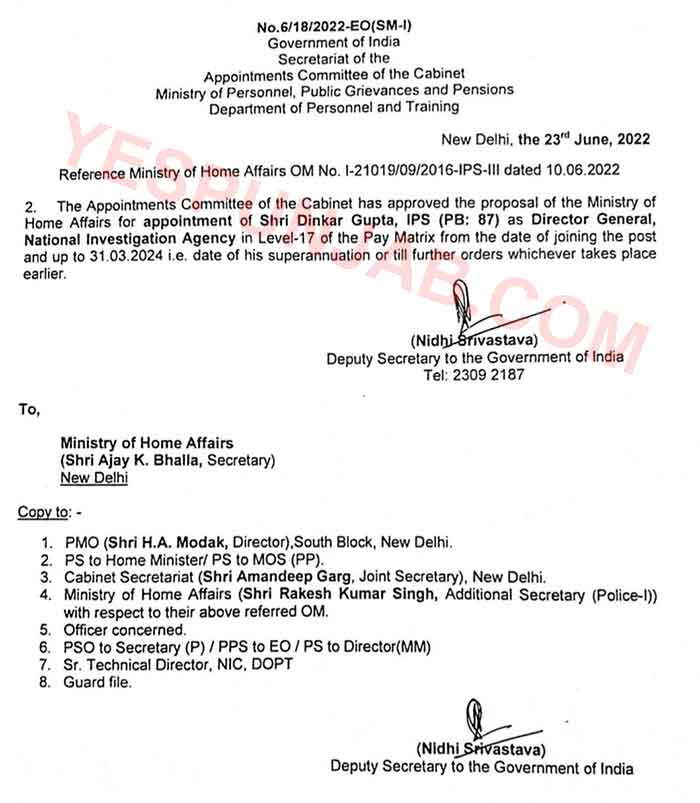 Dinkar Gupta appointed DG of NIA