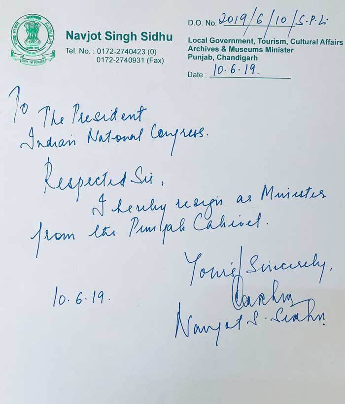 Sidhu Resignation Letter