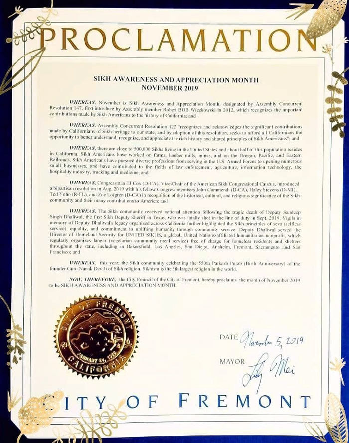 City of Fremont honors United Sikhs certificate