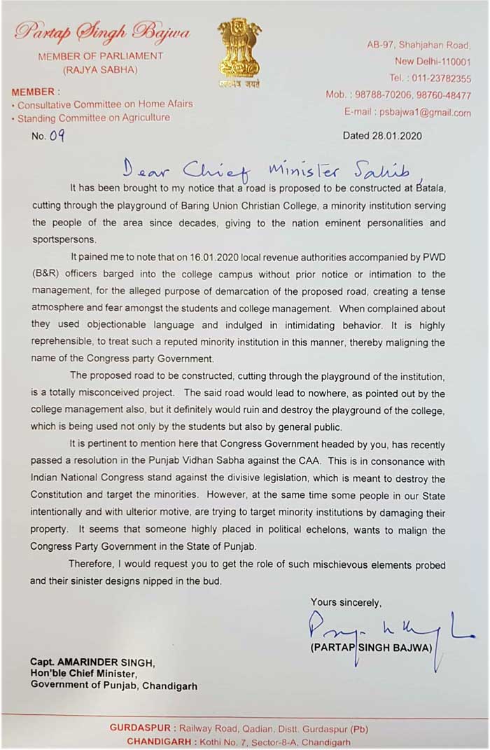 Partap Bajwa Letter to Amarinder 28Jan20