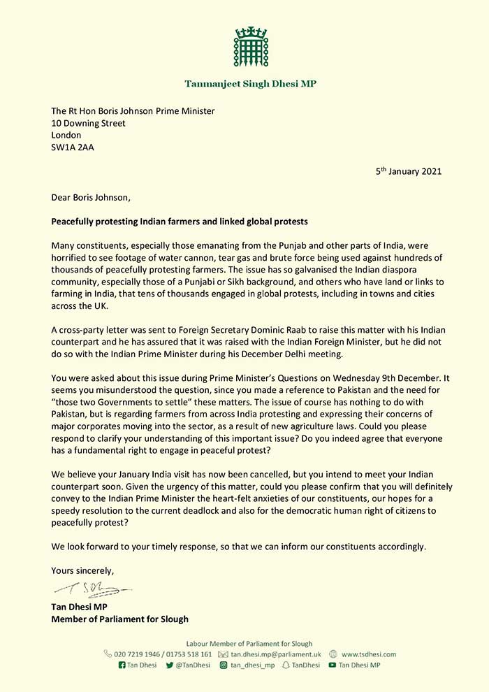 Tan Dhesi British MPs Letter to Boris Johnson 1