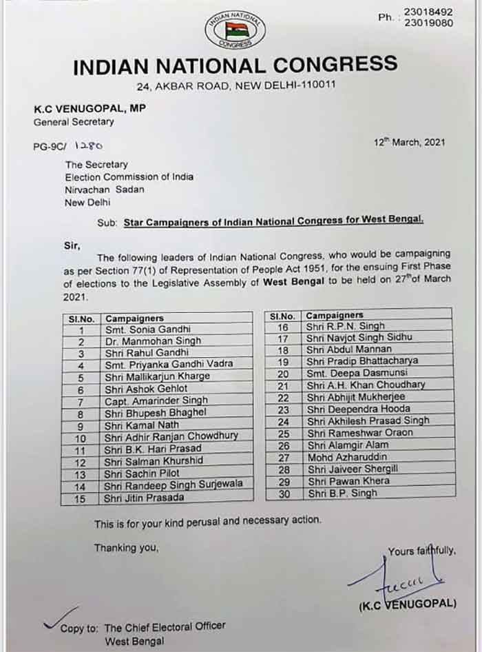 Congress Bengal Poll Star Campaigners List