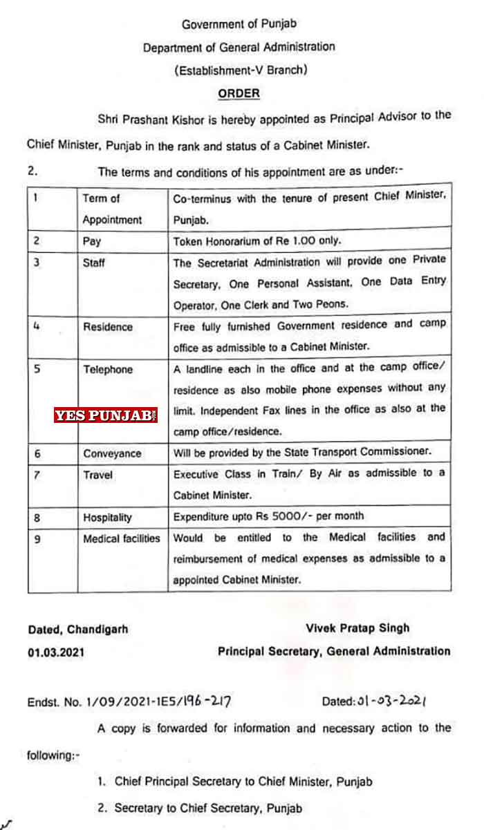Prashant Kishor Principal Advisor to Punjab CM Order