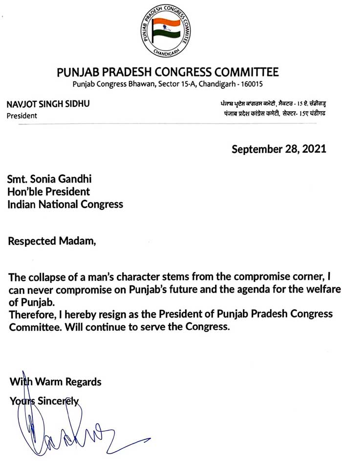 Navjot Sidhu resigns as PPCC President