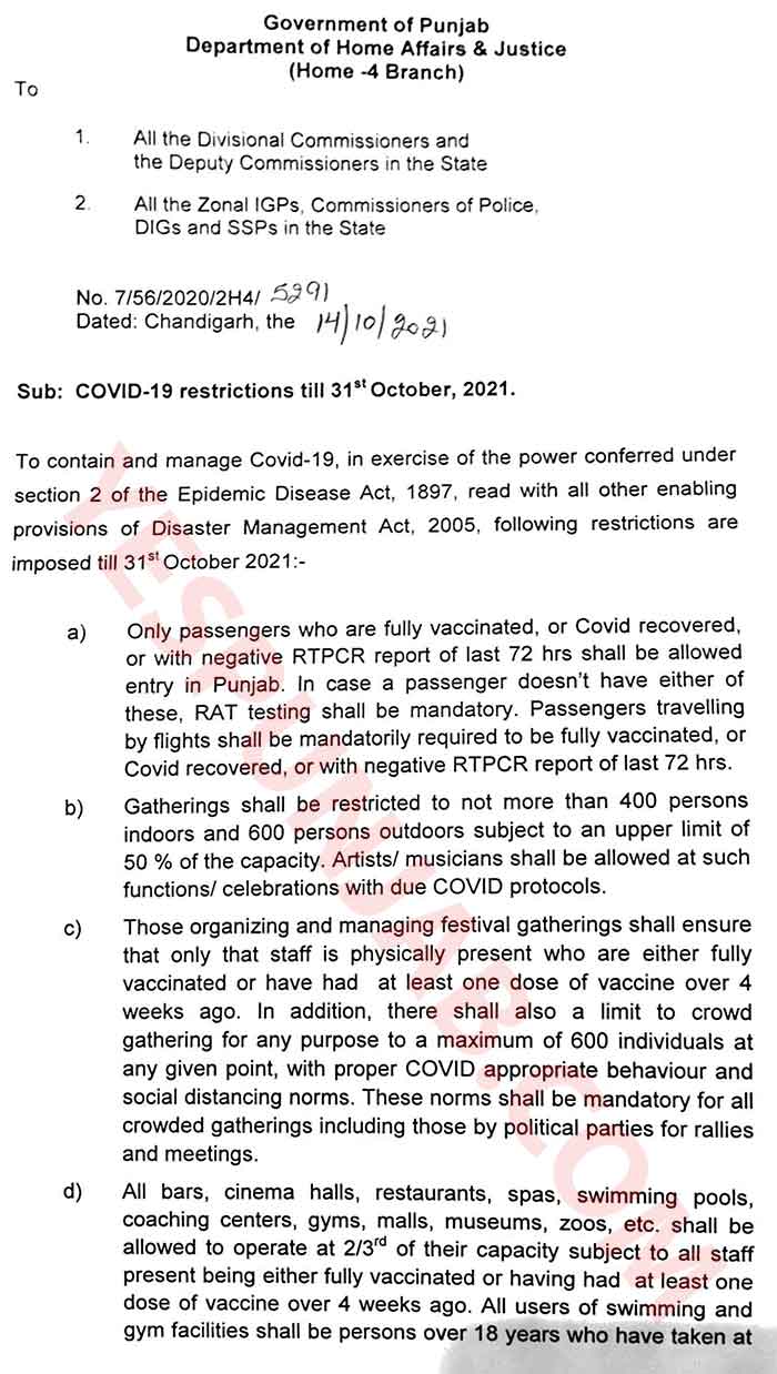 Punjab COVID Restrictions till 31Oct21 1