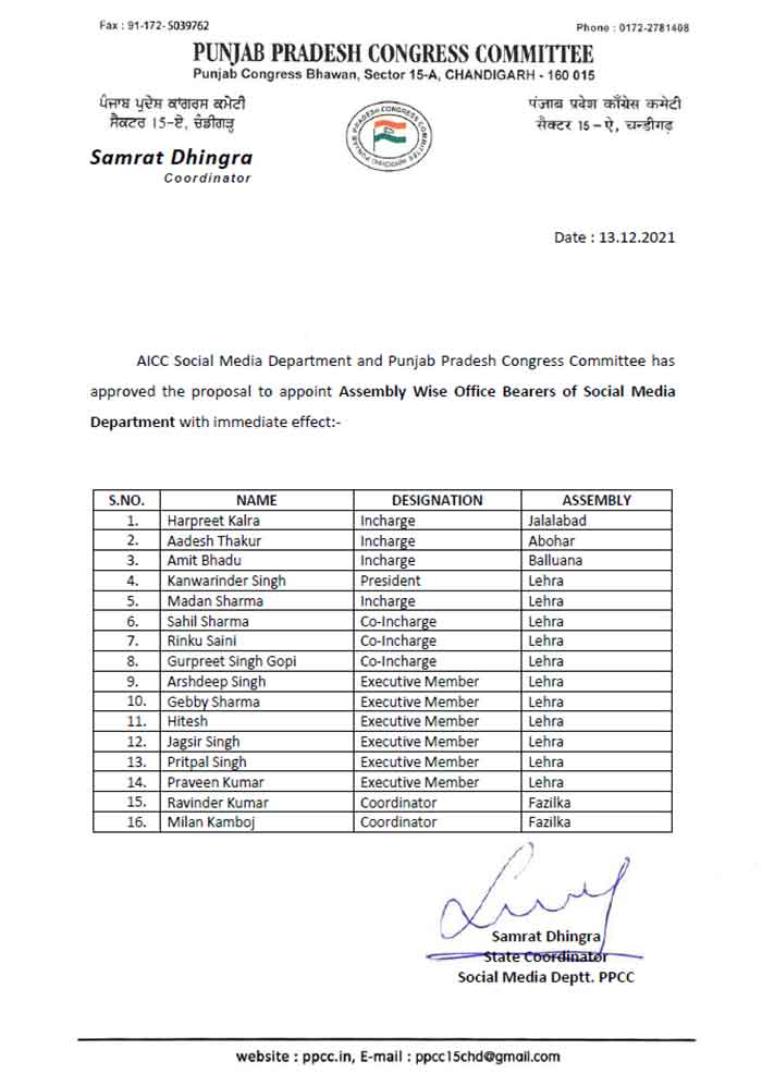 Cong Pb Assembly wise Office Bearers Social Media