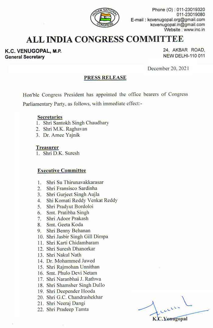 Congress Office Bearers Of Cong Parliamentary Party