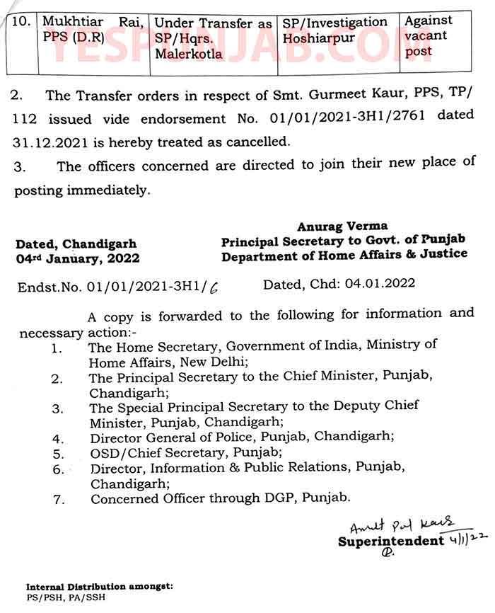 10 Punjab Police Transfers 4jAN22 2