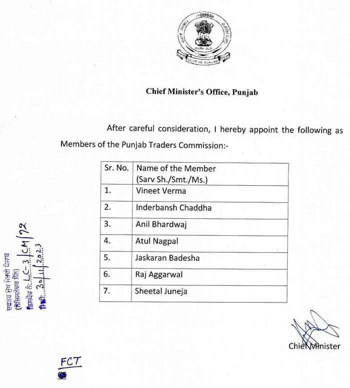 Punjab Traders Commission 7 members list