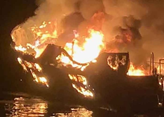 Boat catches fire