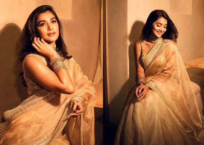 Pooja Hegde golden saree