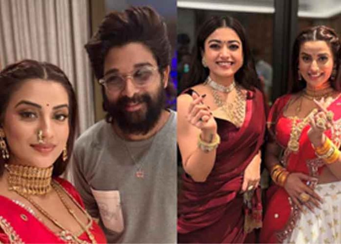 Akshara Singh with Allu Arjun and Rashmika Mandanna