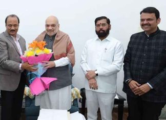 Eknath Shinde Devendra Fadnavis and Ajit Pawar with Amit Shah