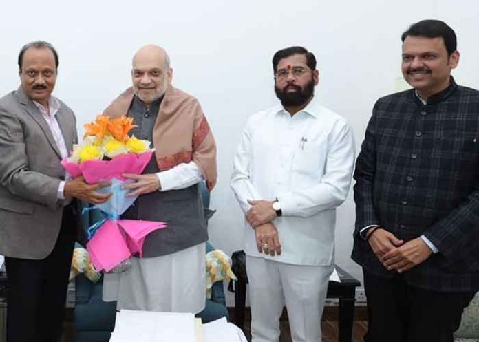 Eknath Shinde Devendra Fadnavis and Ajit Pawar with Amit Shah