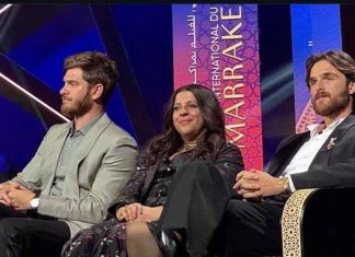 Zoya Akhtar sitting with Andrew Garfield, Jacob Elordi