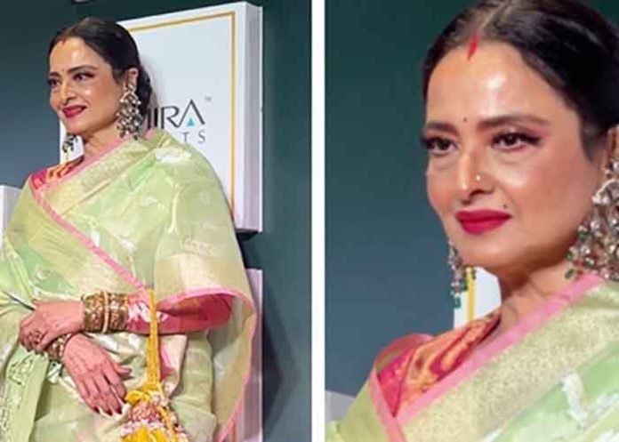 Actress Rekha in handwoven Banarasi Kora silk saree