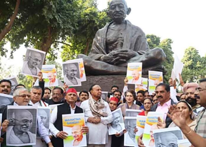 Oppn protests on Mahatma Gandhi