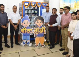 Chief Secretary KAP Sinha launches state of the art vending machine dispensing Milkfed products Milkfed installs smart Verka vending machines