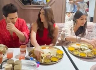 Varun Dhawan feeds Mrunal Thakur & Pooja Hegde as the three enjoy a delicious thali in Ahmedabad Varun Dhawan Mrunal Thakur Pooja Hegde enjoy delicious thali