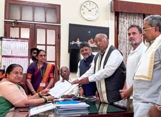 Mallikarjun Kharge files RS nomination Rahul Gandhi CM Shivakumar Siddaramaiah present