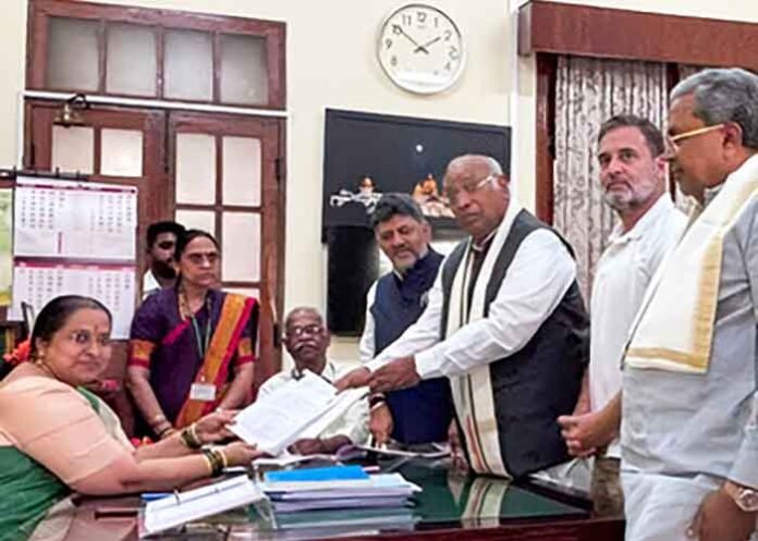 Mallikarjun Kharge files RS nomination Rahul Gandhi CM Shivakumar Siddaramaiah present