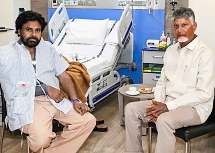 Chandrababu Naidu visits Pawan Kalyan at hospital