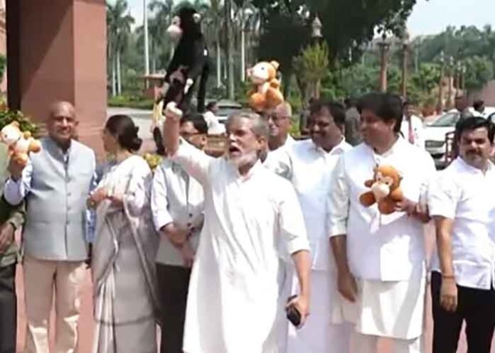 Pawan Khera Oppn toy monkey protest in Parliament complex