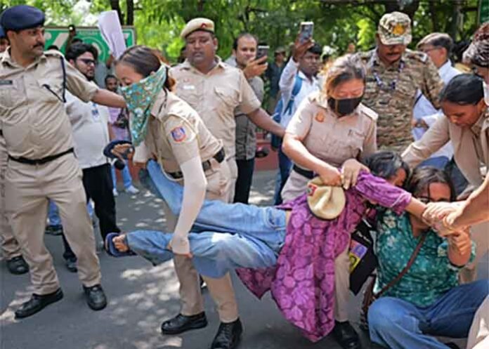 Left student unions and other groups protested in Delhi